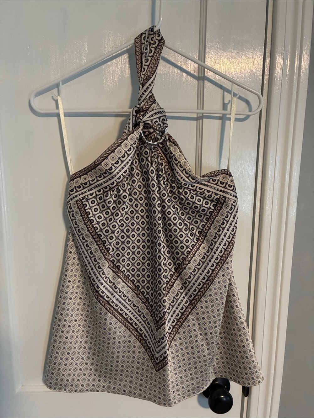 White House Black Market Cream and Black Geometric Halter Camisole
